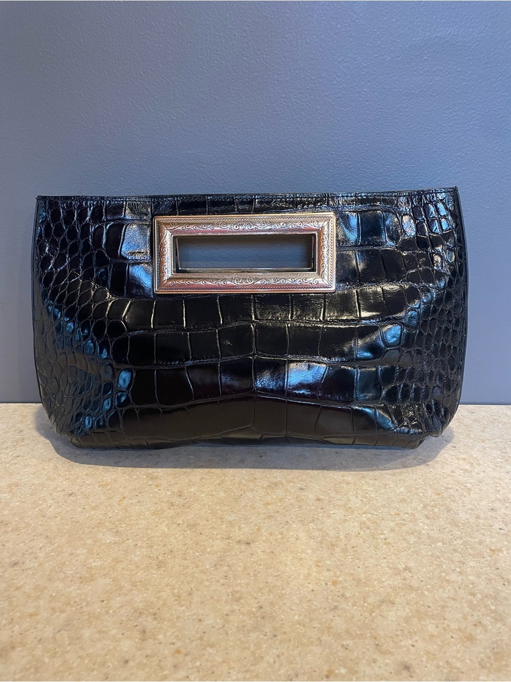 BRIGHTON Vintage Large Leather Clutch Purse Croc Embossed Metal Frame Handle